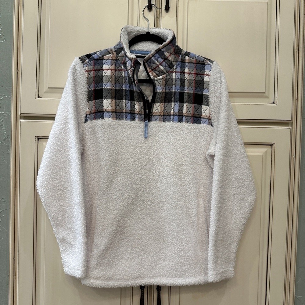 Vera Bradley Sherpa‎ Fleece Quarter Zip Pullover Plaid Quilted Yoke White Large